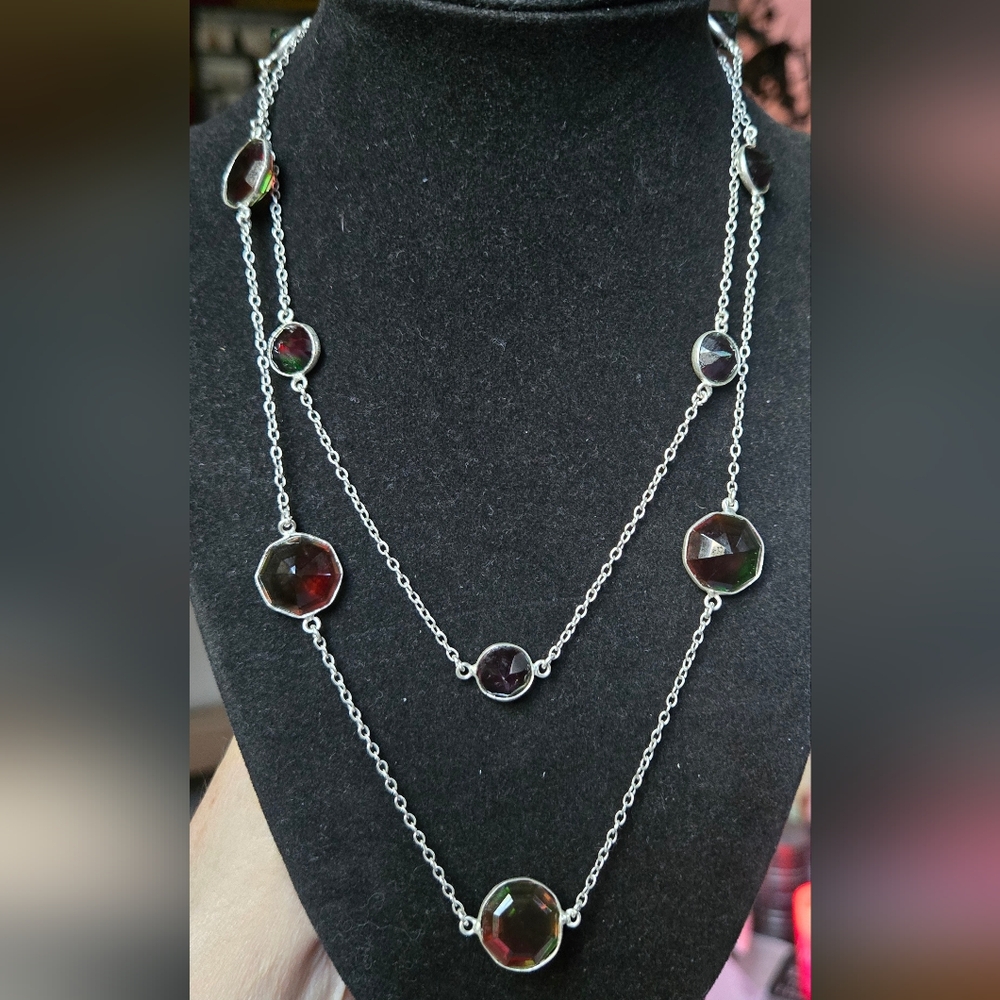 Watermelon tourmaline sterling silver diamond cut station necklace 18" - Picture 3 of 9